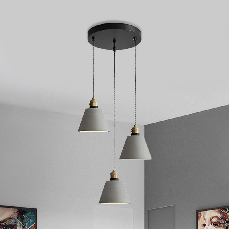 Grey 3 Heads Multi Ceiling Light Industrial Cement Cone/Bell/Drum Pendant Lamp Fixture, 3"/5"/6" H Grey 6" Clearhalo 'Ceiling Lights' 'Industrial Pendants' 'Industrial' 'Middle Century Pendants' 'Pendant Lights' 'Pendants' 'Tiffany' Lighting' 739243