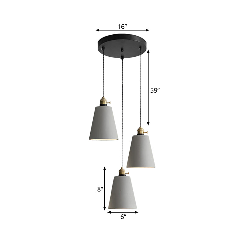 Grey 3 Heads Multi Ceiling Light Industrial Cement Cone/Bell/Drum Pendant Lamp Fixture, 3"/5"/6" H Clearhalo 'Ceiling Lights' 'Industrial Pendants' 'Industrial' 'Middle Century Pendants' 'Pendant Lights' 'Pendants' 'Tiffany' Lighting' 739252