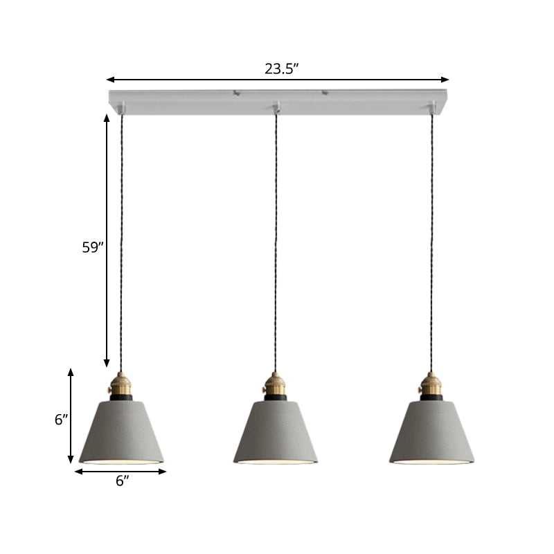 3-Light Multi Pendant Light Vintage Restaurant Hanging Lamp Kit with Bell/Cone/Drum Cement Shade in Grey, 3"/5"/6" Height Clearhalo 'Ceiling Lights' 'Industrial Pendants' 'Industrial' 'Middle Century Pendants' 'Pendant Lights' 'Pendants' 'Tiffany' Lighting' 739266