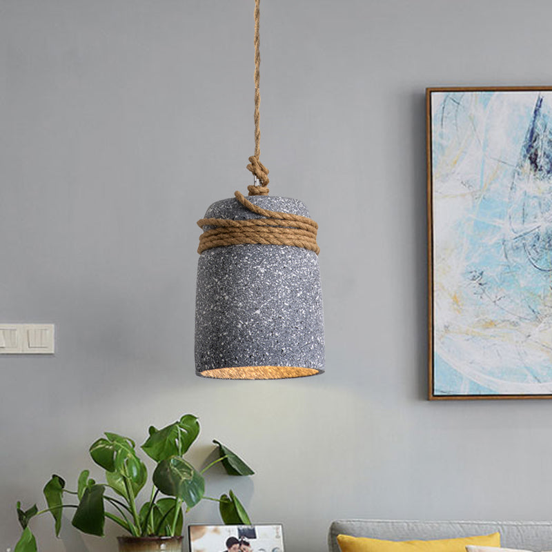 Cement Bell Pendant Lighting Antiqued 1 Bulb Restaurant Ceiling Lamp in Black/Grey/White with Rope Rod Grey Clearhalo 'Ceiling Lights' 'Industrial Pendants' 'Industrial' 'Middle Century Pendants' 'Pendant Lights' 'Pendants' 'Tiffany' Lighting' 739296