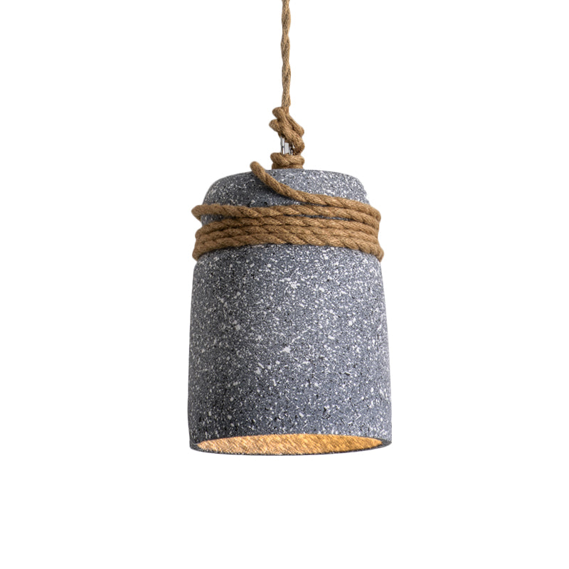 Cement Bell Pendant Lighting Antiqued 1 Bulb Restaurant Ceiling Lamp in Black/Grey/White with Rope Rod Clearhalo 'Ceiling Lights' 'Industrial Pendants' 'Industrial' 'Middle Century Pendants' 'Pendant Lights' 'Pendants' 'Tiffany' Lighting' 739298