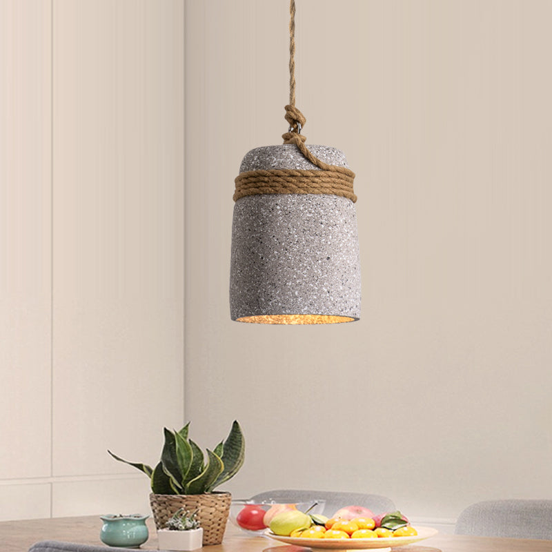 Cement Bell Pendant Lighting Antiqued 1 Bulb Restaurant Ceiling Lamp in Black/Grey/White with Rope Rod Clearhalo 'Ceiling Lights' 'Industrial Pendants' 'Industrial' 'Middle Century Pendants' 'Pendant Lights' 'Pendants' 'Tiffany' Lighting' 739301