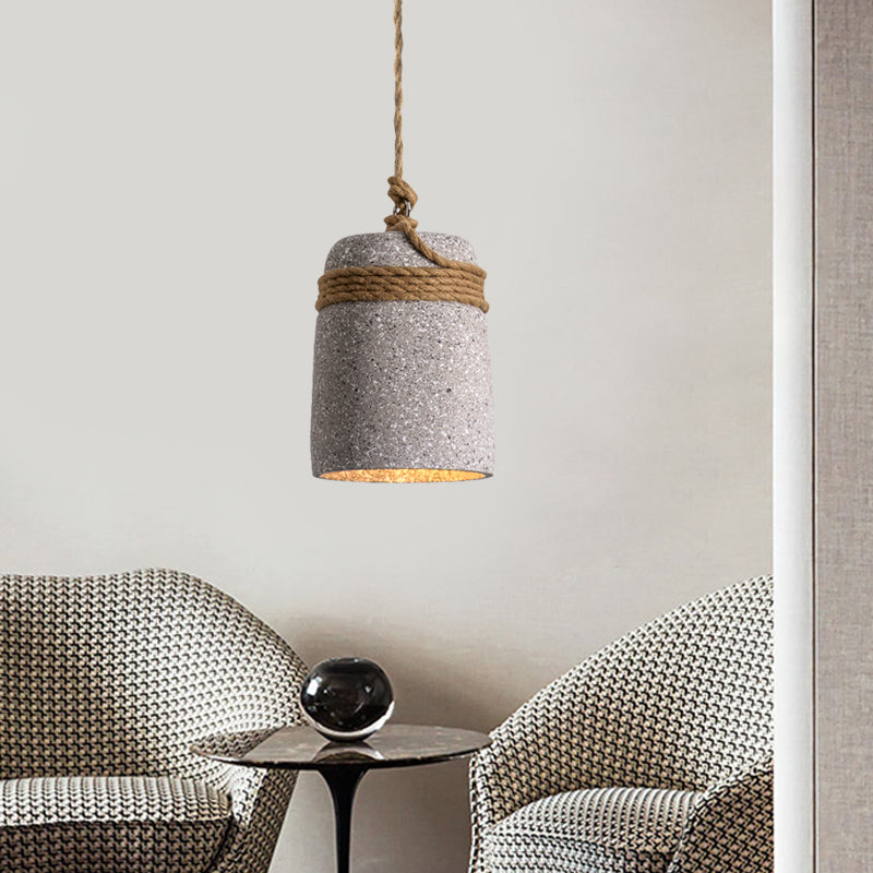 Cement Bell Pendant Lighting Antiqued 1 Bulb Restaurant Ceiling Lamp in Black/Grey/White with Rope Rod Clearhalo 'Ceiling Lights' 'Industrial Pendants' 'Industrial' 'Middle Century Pendants' 'Pendant Lights' 'Pendants' 'Tiffany' Lighting' 739302