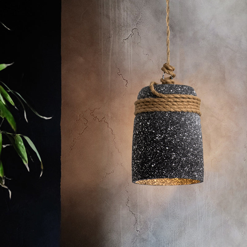 Cement Bell Pendant Lighting Antiqued 1 Bulb Restaurant Ceiling Lamp in Black/Grey/White with Rope Rod Black Clearhalo 'Ceiling Lights' 'Industrial Pendants' 'Industrial' 'Middle Century Pendants' 'Pendant Lights' 'Pendants' 'Tiffany' Lighting' 739304