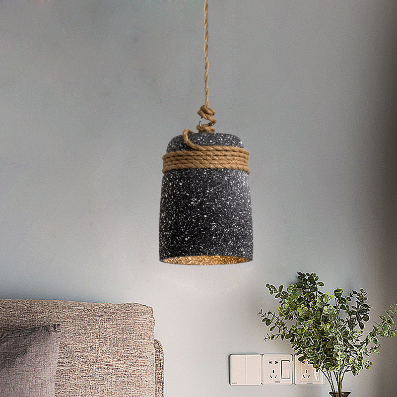 Cement Bell Pendant Lighting Antiqued 1 Bulb Restaurant Ceiling Lamp in Black/Grey/White with Rope Rod Clearhalo 'Ceiling Lights' 'Industrial Pendants' 'Industrial' 'Middle Century Pendants' 'Pendant Lights' 'Pendants' 'Tiffany' Lighting' 739305