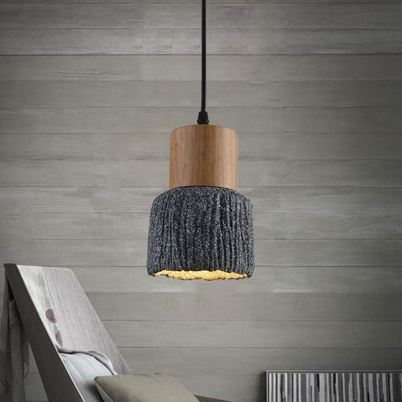 Antiqued Cup-Shape Ceiling Light 1 Head Cement Hanging Pendant Lamp in Silver/Black/Bronze and Wood Black Clearhalo 'Ceiling Lights' 'Industrial Pendants' 'Industrial' 'Middle Century Pendants' 'Pendant Lights' 'Pendants' 'Tiffany' Lighting' 739329