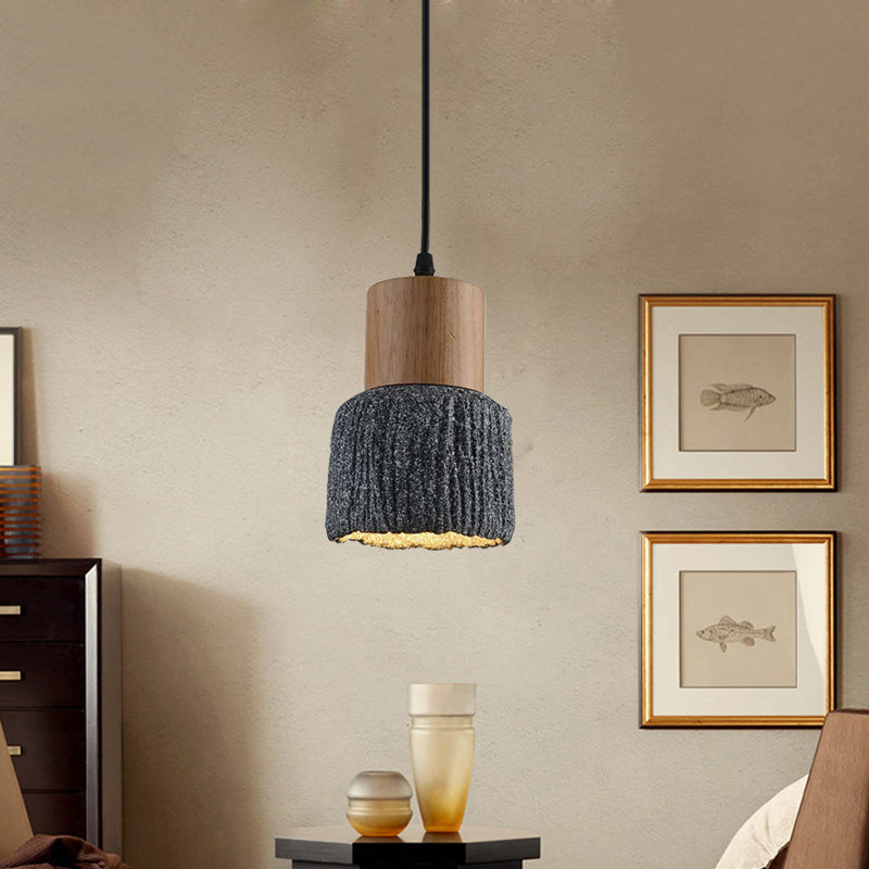 Antiqued Cup-Shape Ceiling Light 1 Head Cement Hanging Pendant Lamp in Silver/Black/Bronze and Wood Clearhalo 'Ceiling Lights' 'Industrial Pendants' 'Industrial' 'Middle Century Pendants' 'Pendant Lights' 'Pendants' 'Tiffany' Lighting' 739330