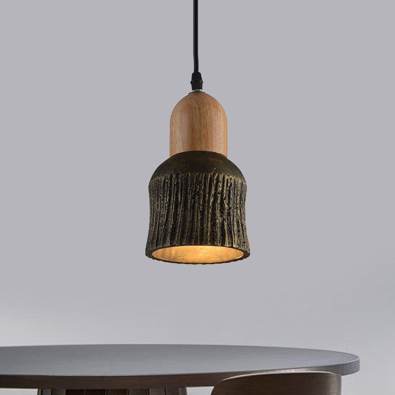 Antiqued Cup-Shape Ceiling Light 1 Head Cement Hanging Pendant Lamp in Silver/Black/Bronze and Wood Bronze Clearhalo 'Ceiling Lights' 'Industrial Pendants' 'Industrial' 'Middle Century Pendants' 'Pendant Lights' 'Pendants' 'Tiffany' Lighting' 739333