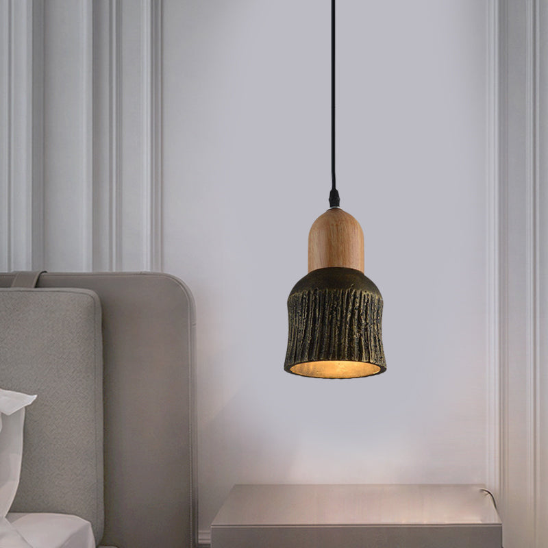 Antiqued Cup-Shape Ceiling Light 1 Head Cement Hanging Pendant Lamp in Silver/Black/Bronze and Wood Clearhalo 'Ceiling Lights' 'Industrial Pendants' 'Industrial' 'Middle Century Pendants' 'Pendant Lights' 'Pendants' 'Tiffany' Lighting' 739335