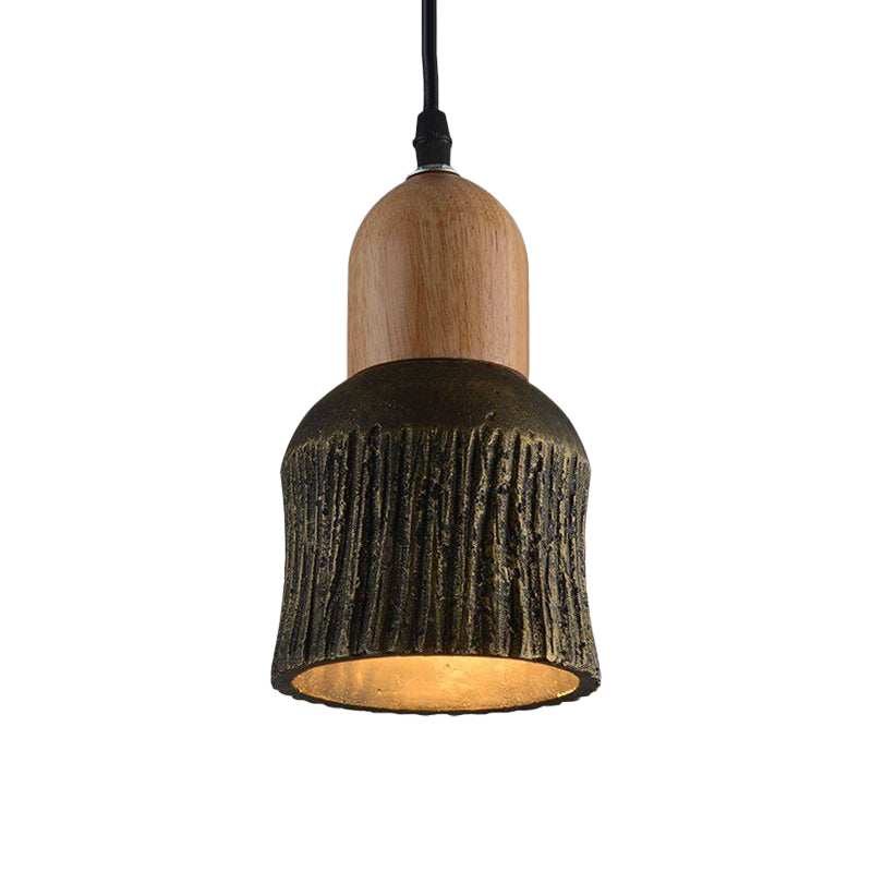 Antiqued Cup-Shape Ceiling Light 1 Head Cement Hanging Pendant Lamp in Silver/Black/Bronze and Wood Clearhalo 'Ceiling Lights' 'Industrial Pendants' 'Industrial' 'Middle Century Pendants' 'Pendant Lights' 'Pendants' 'Tiffany' Lighting' 739336