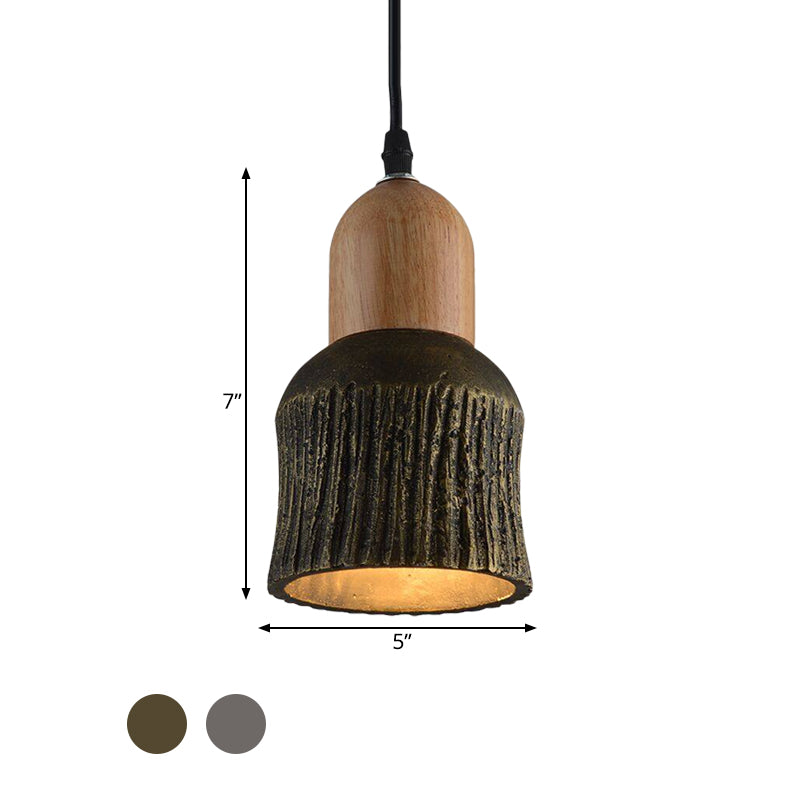 Antiqued Cup-Shape Ceiling Light 1 Head Cement Hanging Pendant Lamp in Silver/Black/Bronze and Wood Clearhalo 'Ceiling Lights' 'Industrial Pendants' 'Industrial' 'Middle Century Pendants' 'Pendant Lights' 'Pendants' 'Tiffany' Lighting' 739337