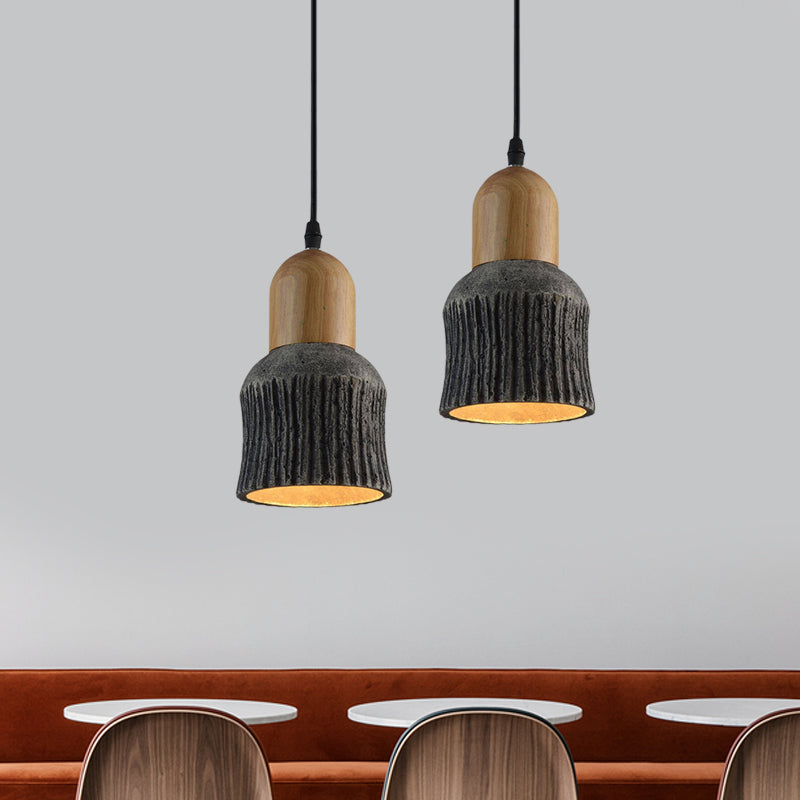 Antiqued Cup-Shape Ceiling Light 1 Head Cement Hanging Pendant Lamp in Silver/Black/Bronze and Wood Clearhalo 'Ceiling Lights' 'Industrial Pendants' 'Industrial' 'Middle Century Pendants' 'Pendant Lights' 'Pendants' 'Tiffany' Lighting' 739340
