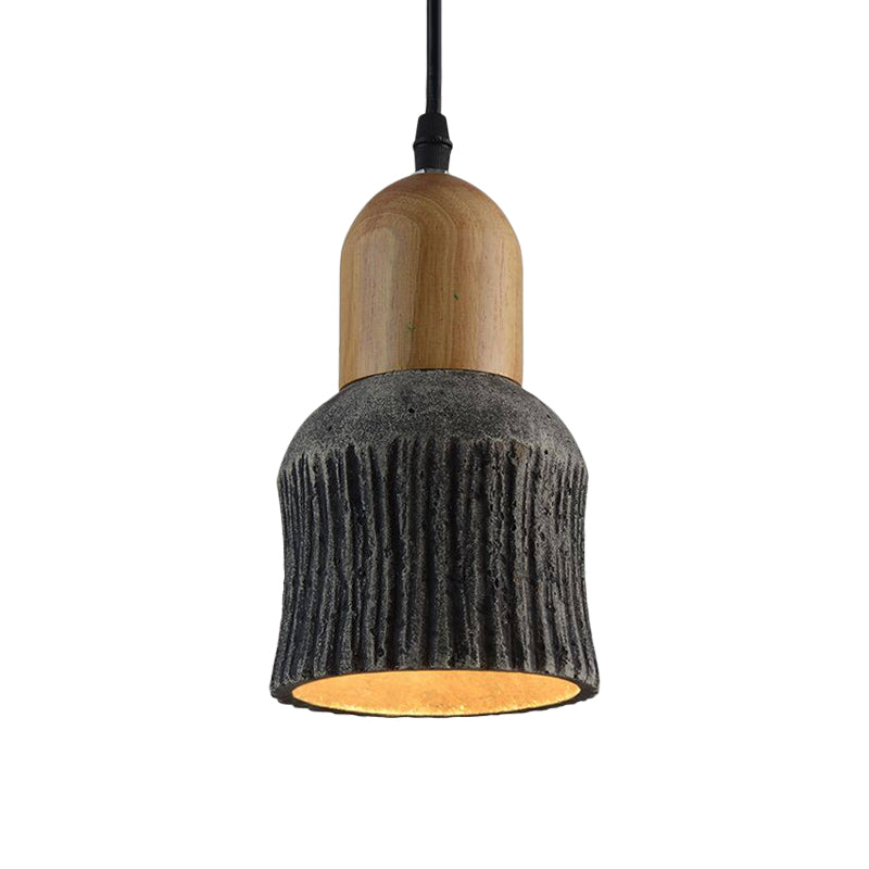 Antiqued Cup-Shape Ceiling Light 1 Head Cement Hanging Pendant Lamp in Silver/Black/Bronze and Wood Clearhalo 'Ceiling Lights' 'Industrial Pendants' 'Industrial' 'Middle Century Pendants' 'Pendant Lights' 'Pendants' 'Tiffany' Lighting' 739341