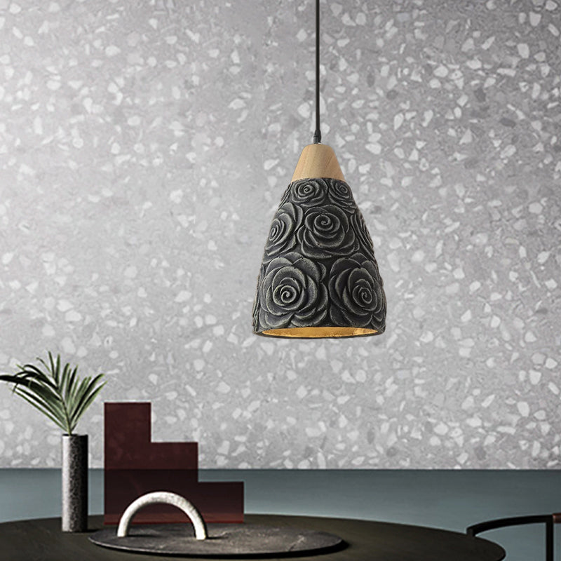 1 Light Pendant Ceiling Light Industrial Cone Cement Hanging Lamp Fixture in Black with Rose Pattern Black Clearhalo 'Ceiling Lights' 'Industrial Pendants' 'Industrial' 'Middle Century Pendants' 'Pendant Lights' 'Pendants' 'Tiffany' Lighting' 739342