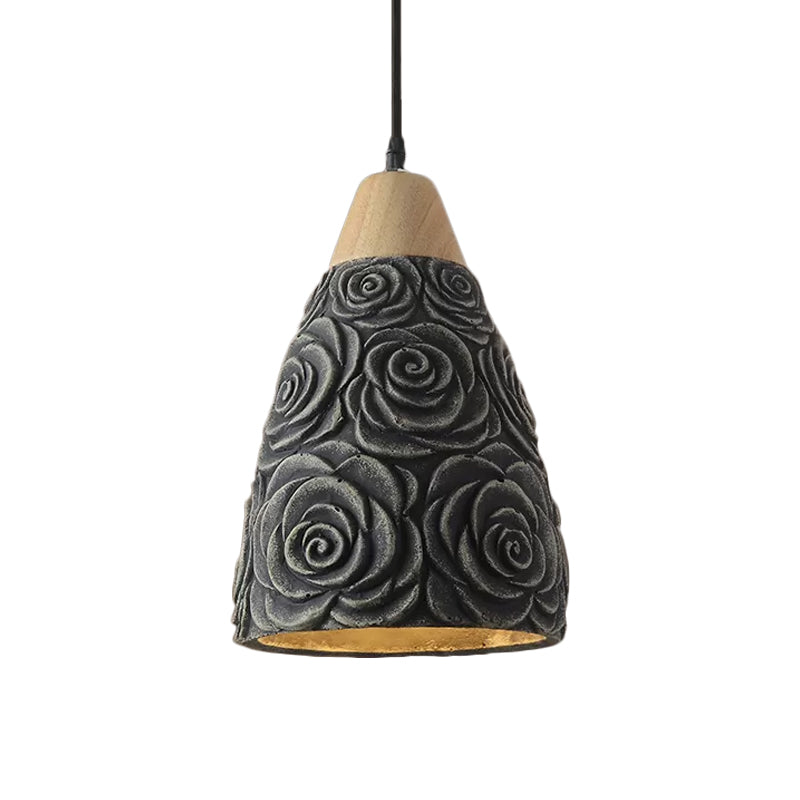 1 Light Pendant Ceiling Light Industrial Cone Cement Hanging Lamp Fixture in Black with Rose Pattern Clearhalo 'Ceiling Lights' 'Industrial Pendants' 'Industrial' 'Middle Century Pendants' 'Pendant Lights' 'Pendants' 'Tiffany' Lighting' 739344