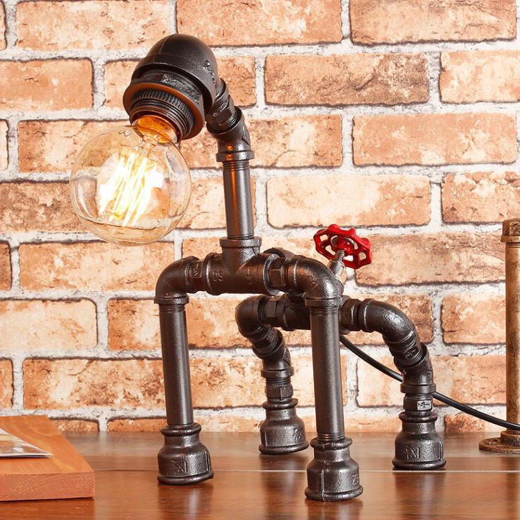 1-Light Dog Table Lamp with Water Pipe Industrial Black/Bronze Wrought Iron Table Lighting for Restaurant Black Clearhalo 'Lamps' 'Table Lamps' Lighting' 73936