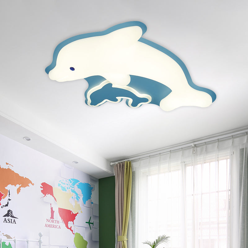 Minimalistic Dolphin Ceiling Mounted Fixture Acrylic LED Bedroom Flushmount Light in Grey/Pink/Blue Blue Clearhalo 'Ceiling Lights' 'Close To Ceiling Lights' 'Close to ceiling' 'Flush mount' Lighting' 739490