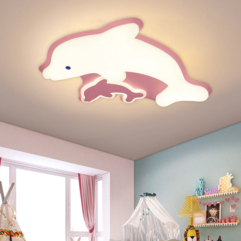 Minimalistic Dolphin Ceiling Mounted Fixture Acrylic LED Bedroom Flushmount Light in Grey/Pink/Blue Pink Clearhalo 'Ceiling Lights' 'Close To Ceiling Lights' 'Close to ceiling' 'Flush mount' Lighting' 739494