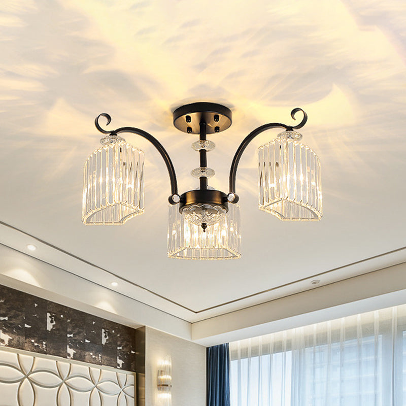 Black 3/9 Bulbs Semi Flush Mount Modern Crystal Block Arc Frame Close to Ceiling Light 3 Black Clearhalo 'Ceiling Lights' 'Close To Ceiling Lights' 'Close to ceiling' 'Semi-flushmount' Lighting' 739504