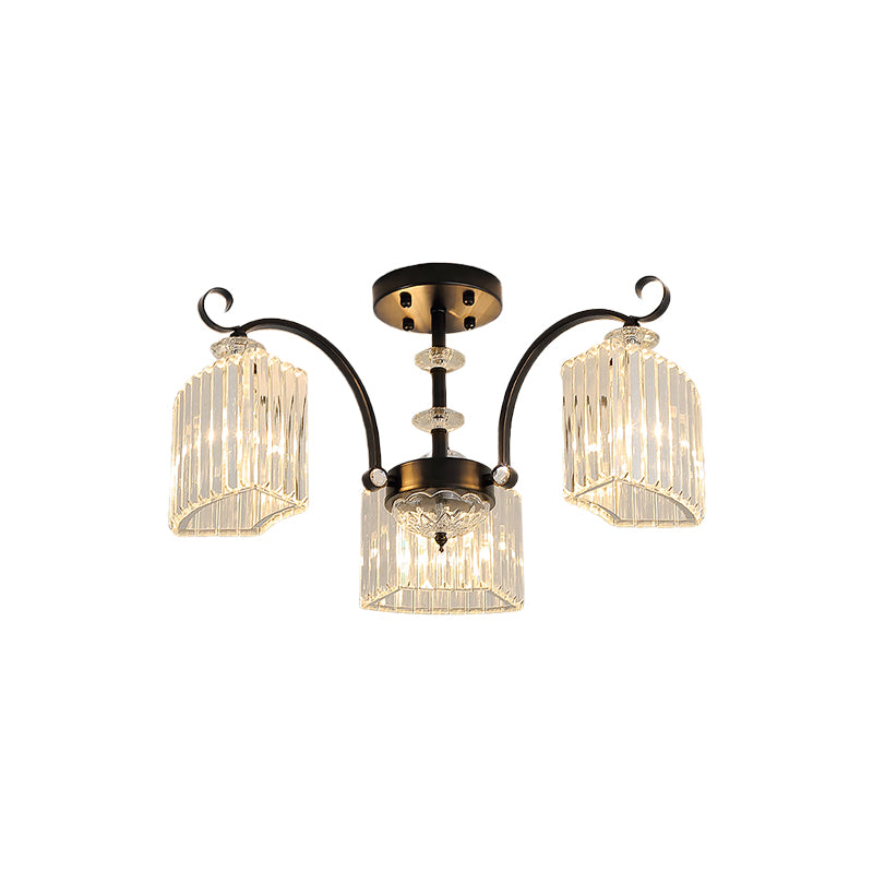 Black 3/9 Bulbs Semi Flush Mount Modern Crystal Block Arc Frame Close to Ceiling Light Clearhalo 'Ceiling Lights' 'Close To Ceiling Lights' 'Close to ceiling' 'Semi-flushmount' Lighting' 739506