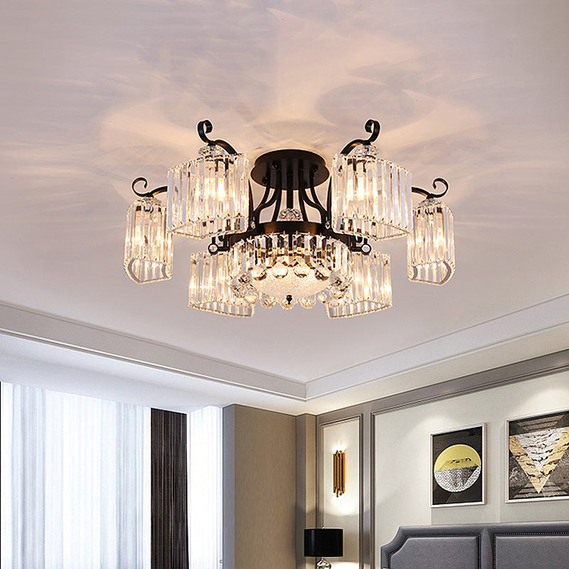 Black 3/9 Bulbs Semi Flush Mount Modern Crystal Block Arc Frame Close to Ceiling Light Clearhalo 'Ceiling Lights' 'Close To Ceiling Lights' 'Close to ceiling' 'Semi-flushmount' Lighting' 739509