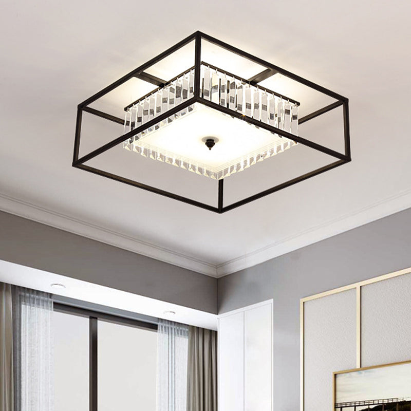 Crystal Round/Square Flush Light Fixture Modernist 5-Head Living Room Flush Mounted Lamp with Black Metal Frame Black Square Clearhalo 'Ceiling Lights' 'Close To Ceiling Lights' 'Close to ceiling' 'Flush mount' Lighting' 739516