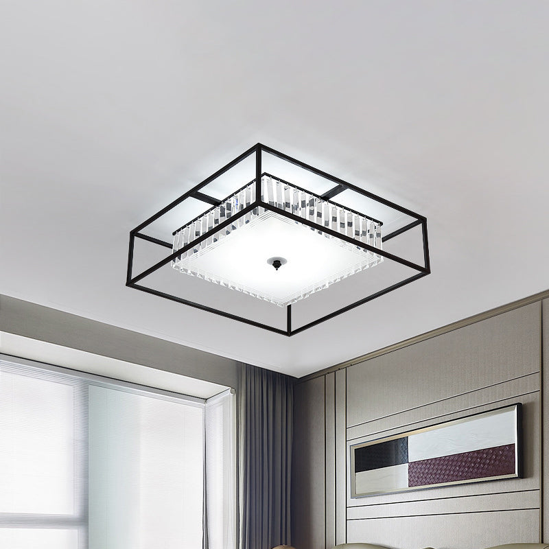 Crystal Round/Square Flush Light Fixture Modernist 5-Head Living Room Flush Mounted Lamp with Black Metal Frame Clearhalo 'Ceiling Lights' 'Close To Ceiling Lights' 'Close to ceiling' 'Flush mount' Lighting' 739517