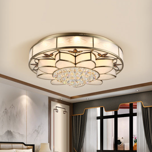 7-Light Flushmount Lighting Contemporary Blossom Frosted Glass Ceiling Flush Mount with Crystal Drop Brass Clearhalo 'Ceiling Lights' 'Close To Ceiling Lights' 'Close to ceiling' 'Flush mount' Lighting' 739521