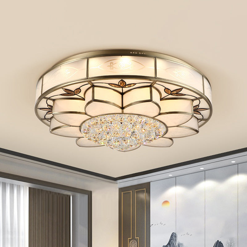 7-Light Flushmount Lighting Contemporary Blossom Frosted Glass Ceiling Flush Mount with Crystal Drop Clearhalo 'Ceiling Lights' 'Close To Ceiling Lights' 'Close to ceiling' 'Flush mount' Lighting' 739522