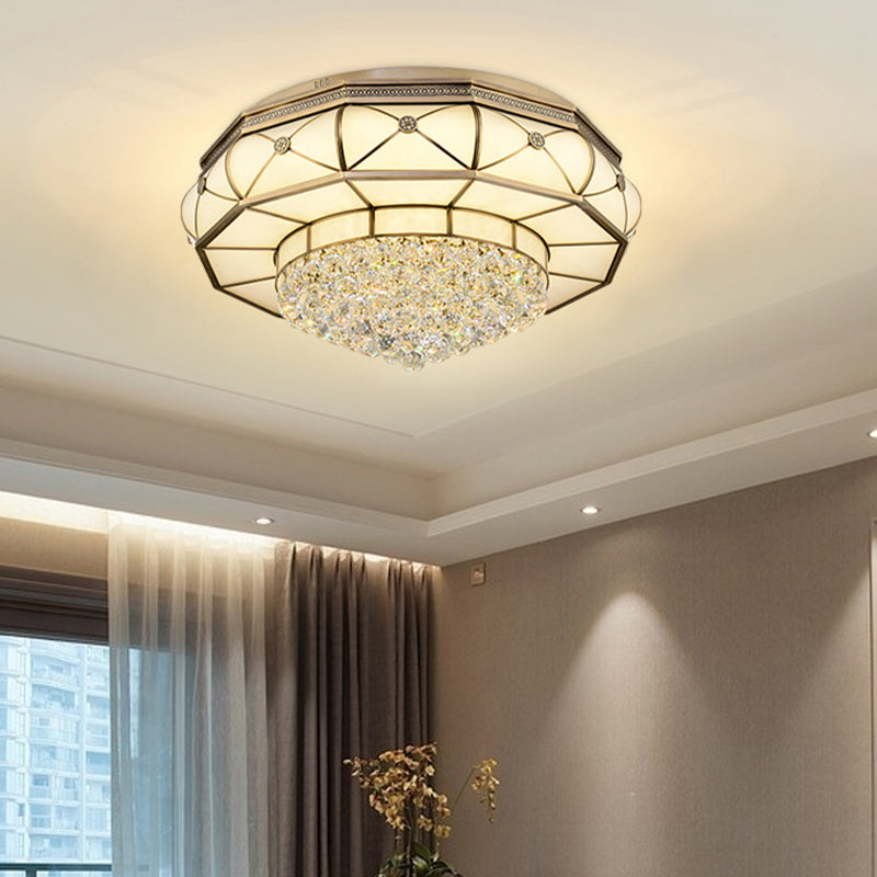 Brass Round Ceiling Mounted Light Modernism Frosted Glass LED Bedroom Flush Lamp Fixture with Crystal Ball Clearhalo 'Ceiling Lights' 'Close To Ceiling Lights' 'Close to ceiling' 'Flush mount' Lighting' 739526