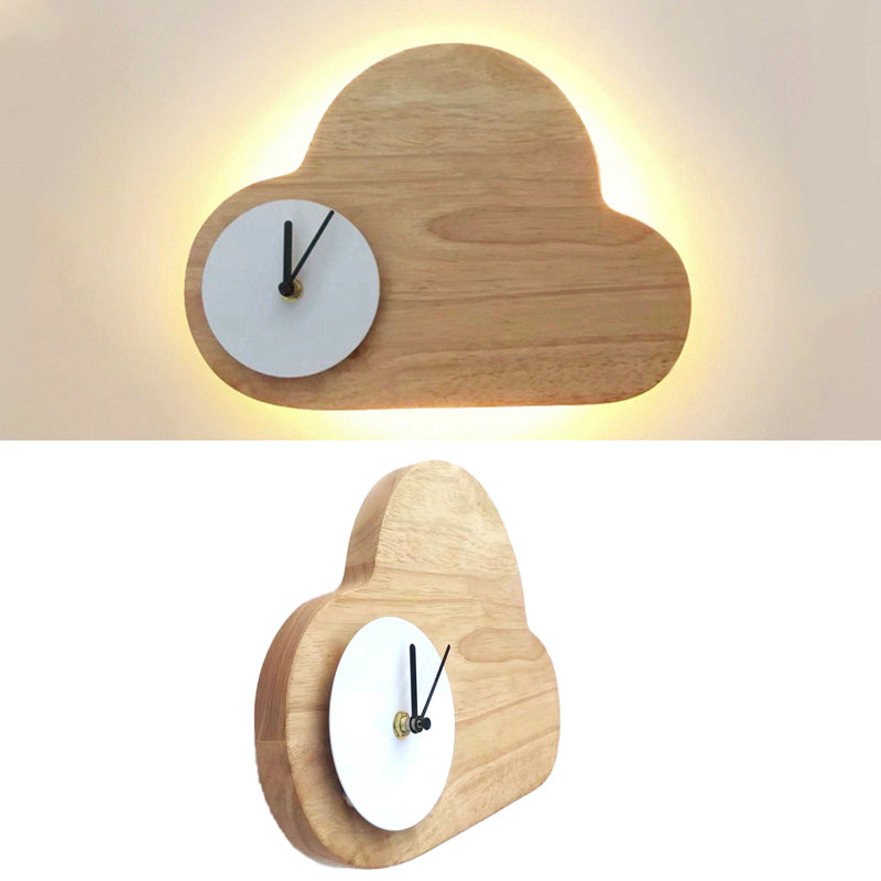 Cloud Boys Girls Bedroom Wall Lighting with Clock Wood Cartoon Wall Lamp in Beige Clearhalo 'Wall Lamps & Sconces' 'Wall Lights' Lighting' 73953