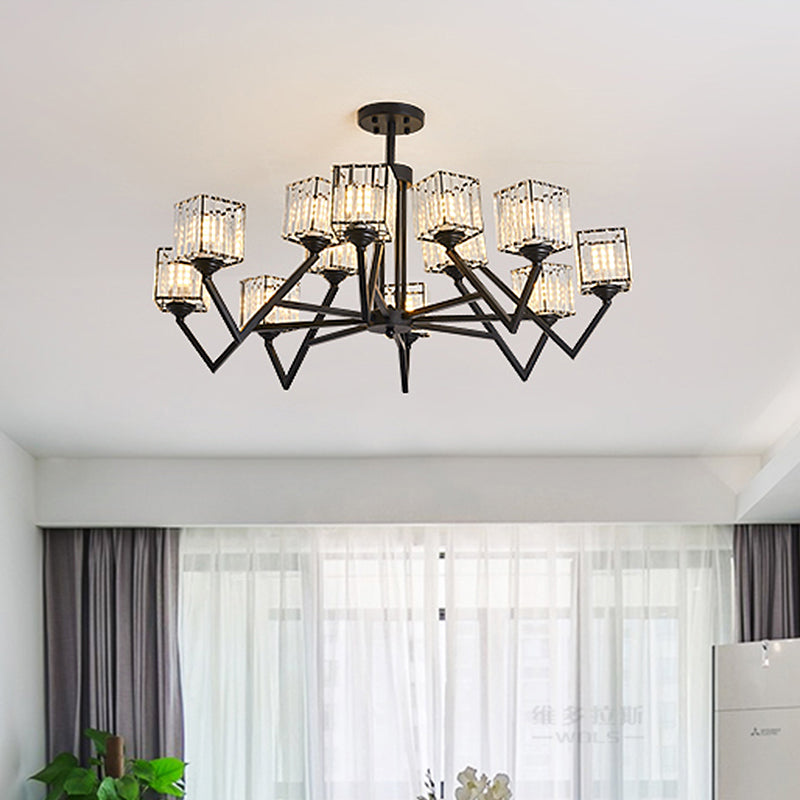 12 Lights Crystal Block Semi Flushmount Modernism Black Cube Living Room Flush Ceiling Lamp with V-Like Arm Black Clearhalo 'Ceiling Lights' 'Close To Ceiling Lights' 'Close to ceiling' 'Semi-flushmount' Lighting' 739533