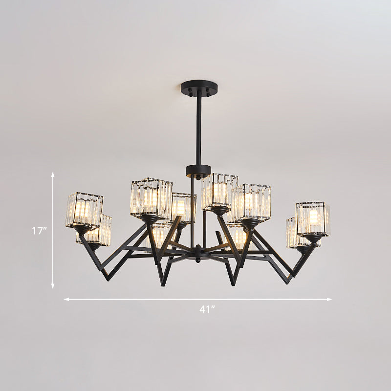 12 Lights Crystal Block Semi Flushmount Modernism Black Cube Living Room Flush Ceiling Lamp with V-Like Arm Clearhalo 'Ceiling Lights' 'Close To Ceiling Lights' 'Close to ceiling' 'Semi-flushmount' Lighting' 739536