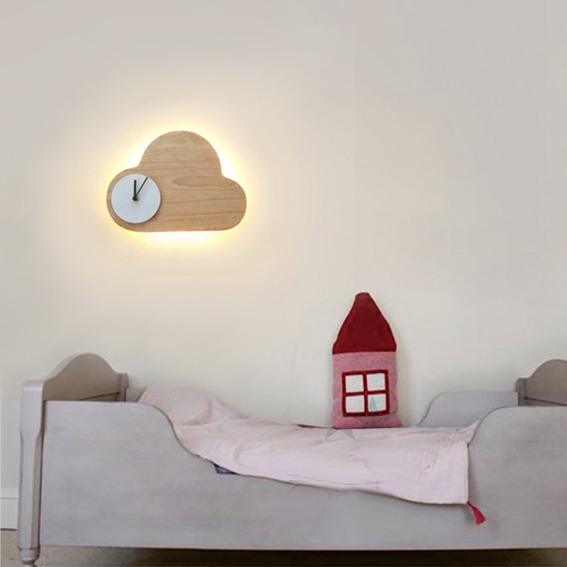 Cloud Boys Girls Bedroom Wall Lighting with Clock Wood Cartoon Wall Lamp in Beige Clearhalo 'Wall Lamps & Sconces' 'Wall Lights' Lighting' 73954