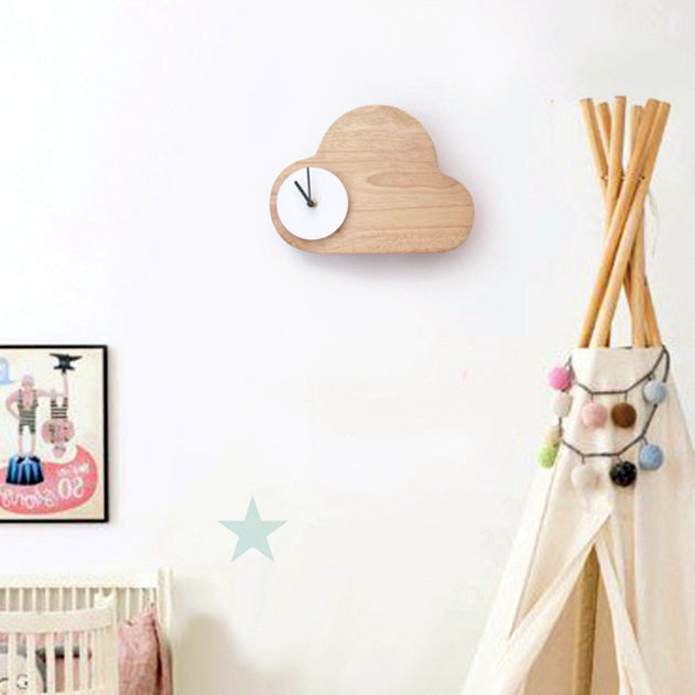 Cloud Boys Girls Bedroom Wall Lighting with Clock Wood Cartoon Wall Lamp in Beige Clearhalo 'Wall Lamps & Sconces' 'Wall Lights' Lighting' 73955