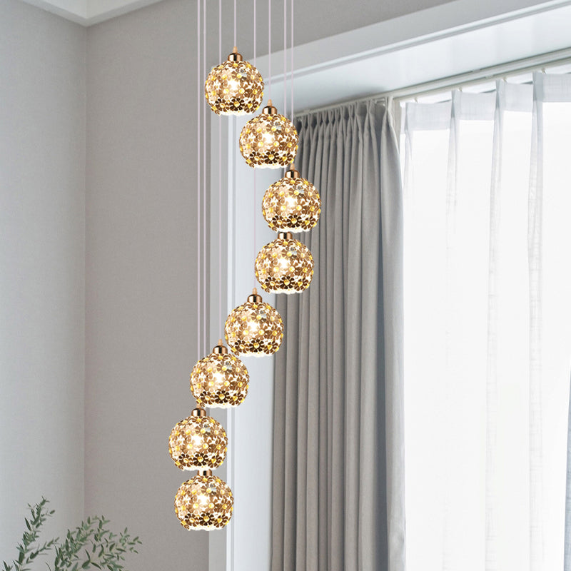 5/8 Heads Multi Light Ceiling Light Modernist Domed Metallic Hanging Lamp Kit in Silver with Amber Crystal Accent Clearhalo 'Ceiling Lights' 'Modern Pendants' 'Modern' 'Pendant Lights' 'Pendants' Lighting' 739555