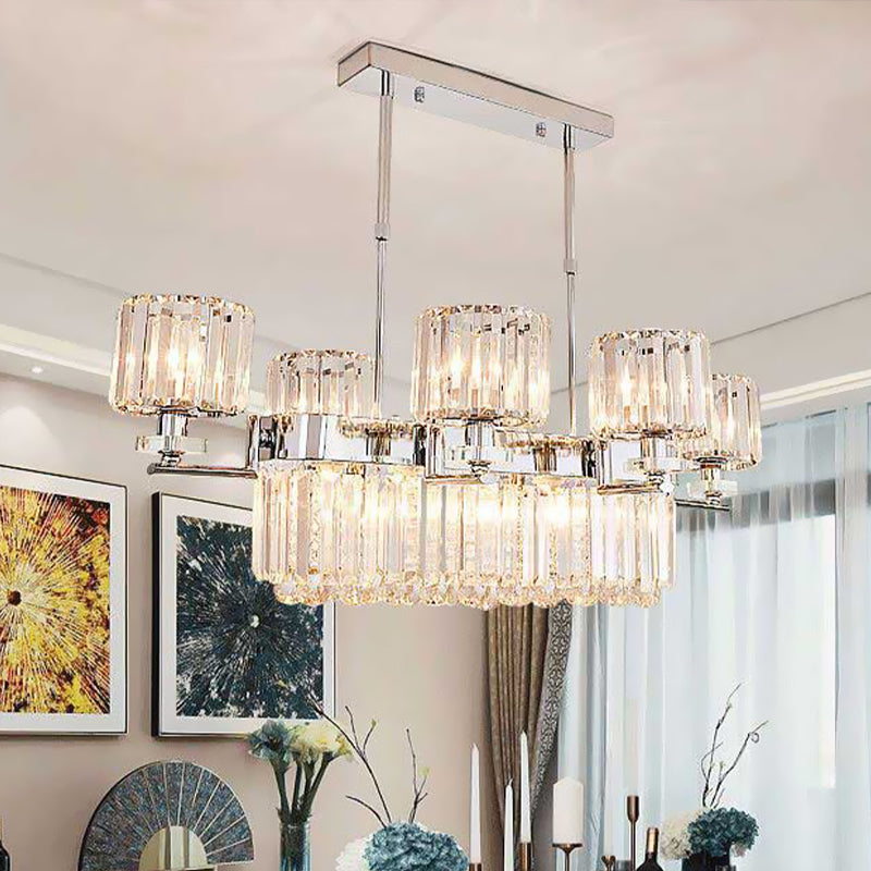 Chrome Drum Island Light Fixture Modernism Crystal Rectangle 6 Lights Dining Room Ceiling Pendant Lamp Clearhalo 'Ceiling Lights' 'Island Lights' Lighting' 739559