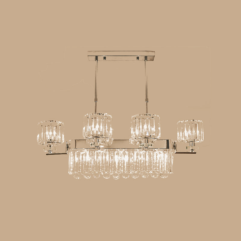 Chrome Drum Island Light Fixture Modernism Crystal Rectangle 6 Lights Dining Room Ceiling Pendant Lamp Clearhalo 'Ceiling Lights' 'Island Lights' Lighting' 739560