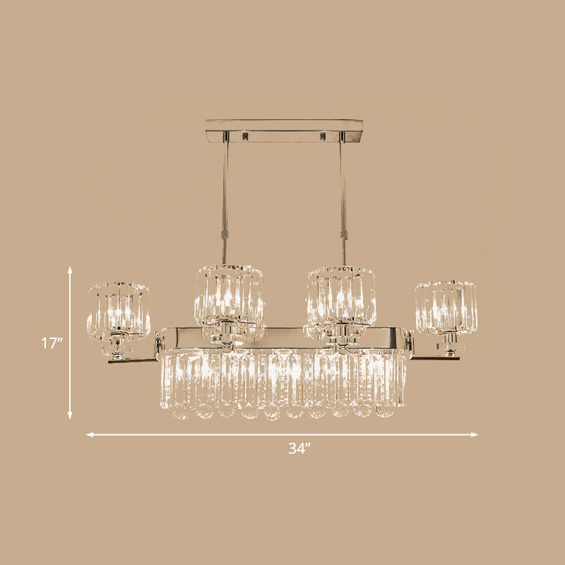 Chrome Drum Island Light Fixture Modernism Crystal Rectangle 6 Lights Dining Room Ceiling Pendant Lamp Clearhalo 'Ceiling Lights' 'Island Lights' Lighting' 739561