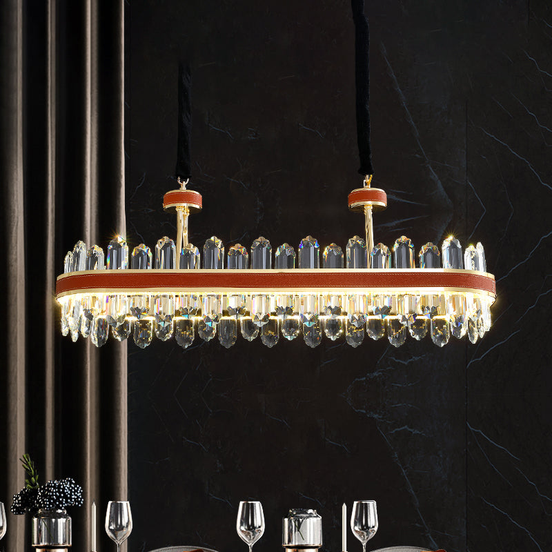 Modern Rectangular Island Hanging Light LED Leatherwear Ceiling Suspension Lamp in Red with Crystal Block Detail Clearhalo 'Ceiling Lights' 'Island Lights' Lighting' 739563