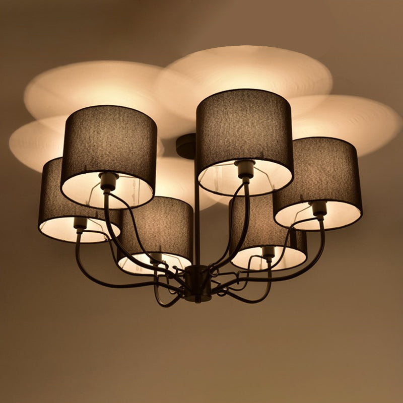 Black/White Barrel Ceiling Lamp Modernism 3/6 Bulbs Fabric Semi Flush Mount Chandelier for Lounge Clearhalo 'Ceiling Lights' 'Close To Ceiling Lights' 'Close to ceiling' 'Semi-flushmount' Lighting' 739916