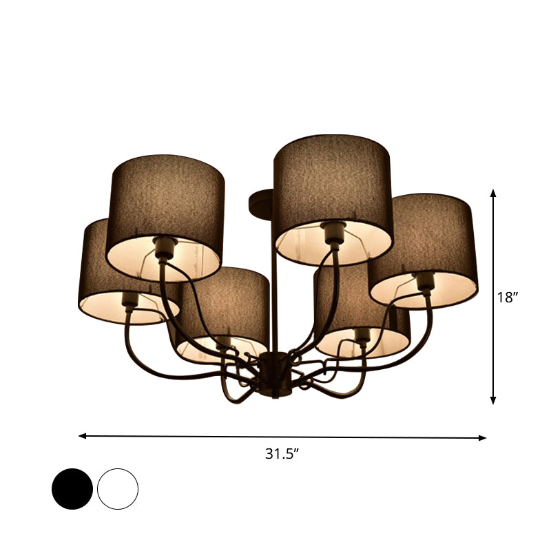 Black/White Barrel Ceiling Lamp Modernism 3/6 Bulbs Fabric Semi Flush Mount Chandelier for Lounge Clearhalo 'Ceiling Lights' 'Close To Ceiling Lights' 'Close to ceiling' 'Semi-flushmount' Lighting' 739917