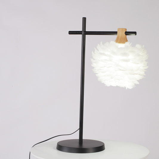 Black-White Cross Night Light Modern 1 Head Iron Table Lamp with Feather Lampshade Clearhalo 'Lamps' 'Table Lamps' Lighting' 739955