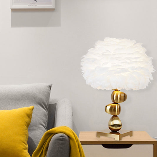 Metal Cobblestone Table Light Mid-Century Single Night Lamp with White Fluffy Feather Shade for Bedroom Gold Clearhalo 'Lamps' 'Table Lamps' Lighting' 739968