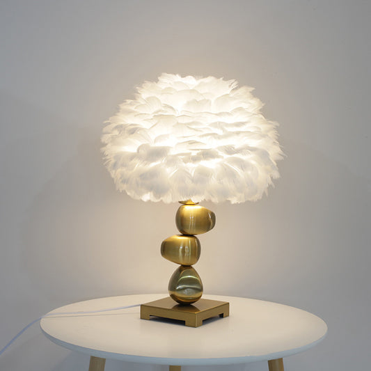 Metal Cobblestone Table Light Mid-Century Single Night Lamp with White Fluffy Feather Shade for Bedroom Clearhalo 'Lamps' 'Table Lamps' Lighting' 739969