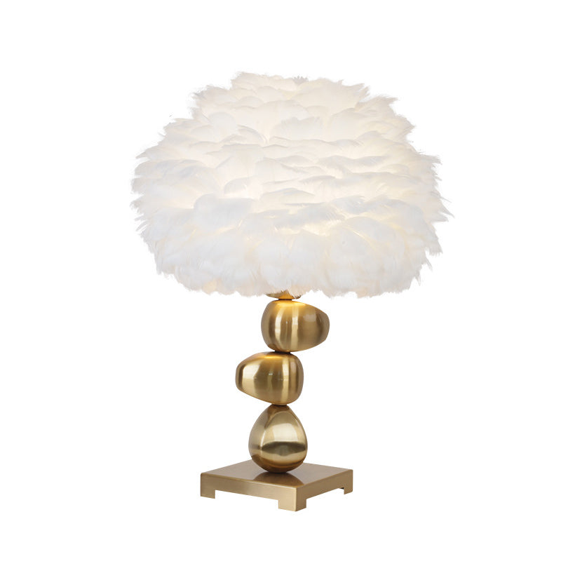 Metal Cobblestone Table Light Mid-Century Single Night Lamp with White Fluffy Feather Shade for Bedroom Clearhalo 'Lamps' 'Table Lamps' Lighting' 739970