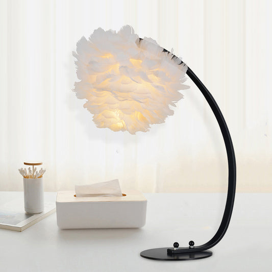 Modernist Blossom Feather Night Lamp Single-Bulb Table Lighting with Black Arched Arm for Bedside Black Clearhalo 'Lamps' 'Table Lamps' Lighting' 739982