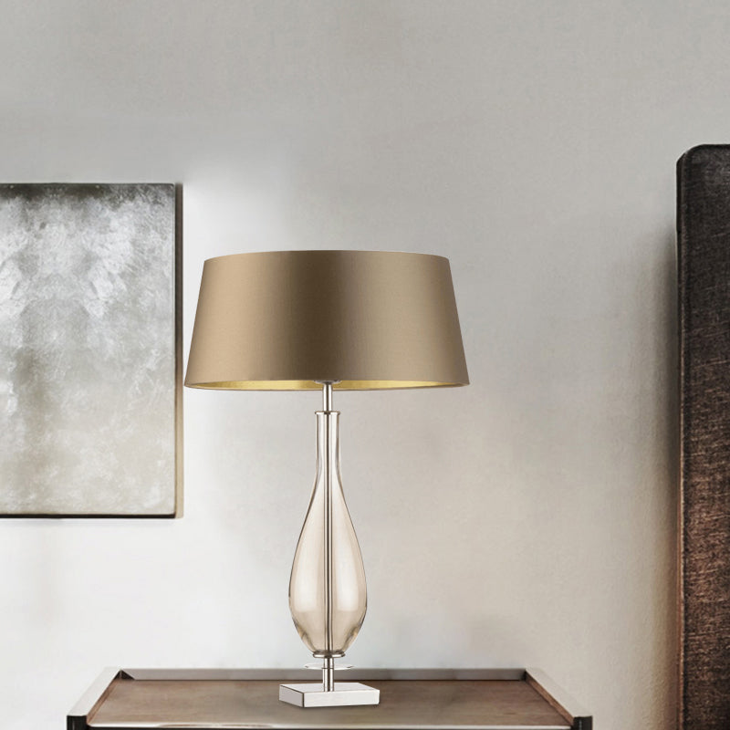 Long Neck Vase Bedroom Table Light Clear Glass Single Modern Night Lamp with Brown Tapered Fabric Shade Clearhalo 'Lamps' 'Table Lamps' Lighting' 740027