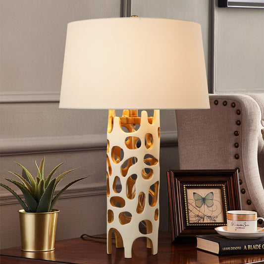 Tapered Drum Fabric Night Lighting Modern Stylish 1 Head White Table Lamp with Cutouts Resin Base White Clearhalo 'Lamps' 'Table Lamps' Lighting' 740030