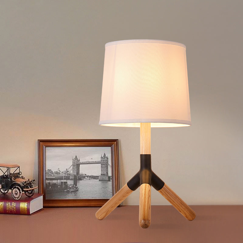 Wood Tri-Leg Table Lamp Simplicity 1 Light White Night Stand Light with Barrel Fabric Lamp Shade White Clearhalo 'Lamps' 'Table Lamps' Lighting' 740044